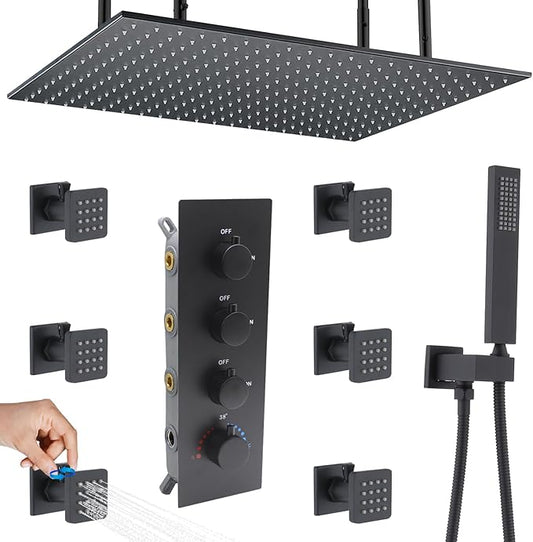 Matte Black Shower System 16 Inches Ceiling Mount Full Body Shower Faucet Set Brass Thermostatic Massage Shower with On/Off Body Jets and Handheld Can Run All At Once