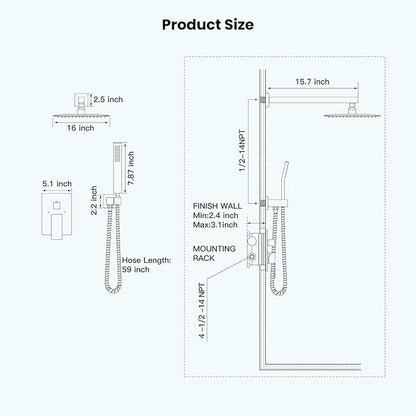 gotonovo Rainfall Bathroom Shower System Rain Shower Head and Handle Set Wall Mounted Shower Complete Combo Solid Brass Pressure Balancing Shower Mixer Valve 16 Inch Brushed Gold