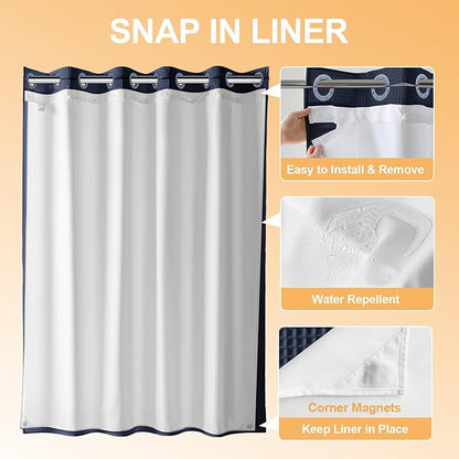 River Dream Hotel Grade No Hooks Needed Shower Curtain with Snap in Liner,Water Repellent, Machine Washable (Navy Blue, 71"x74"(W/Liner))