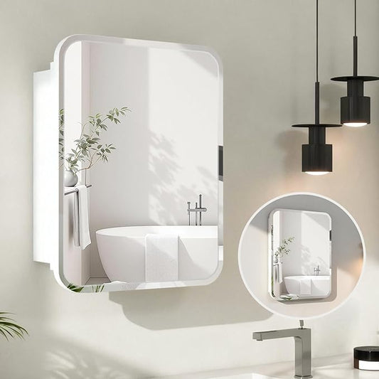 Rectangle Medicine Cabinet with Beveled Edge Mirror, No-Assembly Bathroom Wall Cabinet with Mirror, Adjustable Shelves, Tissue Slot, Recessed or Surface Mount (20" H x 16" W)