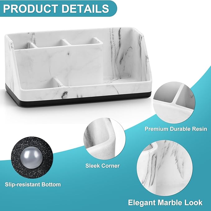 VITVITI Toothbrush Holder for Bathroom, Resin Bathroom Organizer Countertop Sink, Bathroom Counter Organizer Accessories 5 Compartment Storage for Toothpaste/Vanity, White Marble Color