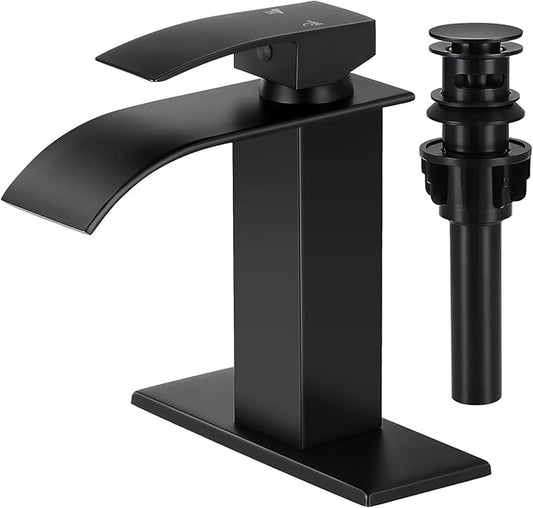 Bathroom Faucets Matte Black Waterfall Bathroom Sink Faucet Modern Single Handle Bathroom Faucet for 1 or 3 Hole Mxier Tap Washbasin Faucet with Deck, Pop-up Drain and Supply Hoses