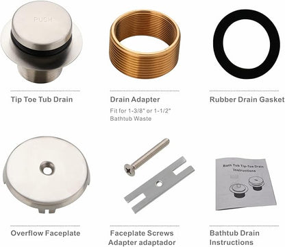 Tub Drain Tip Toe Bathtub Drain Conversion Kit Assembly, Replacement Bath Drain Trim Kit with Single Hole Overflow Faceplate and Fine/Coarse Thread, Brushed Nickel