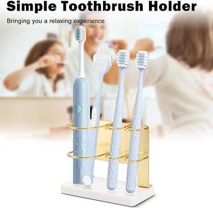 Toothbrush Holder for Bathroom Counter, Metal Toothbrush and Toothpaste Holder Stand with Marble Base for Bath Organizer Countertop, 3 Slots (Gold)