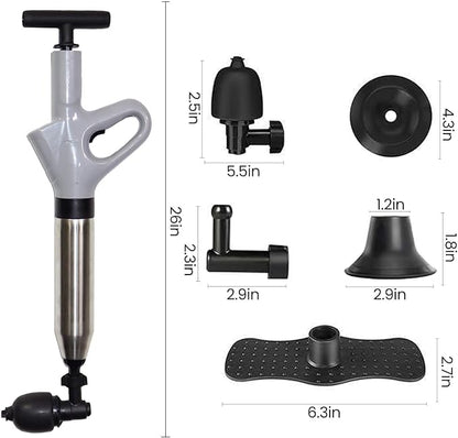 Plunger Toilet Pneumatic Drain Cleaner with Real-Time Air Pressure Gauge, Sewer Snake Clog Removal Tool, High Pressure Sewer Jet Gun for Sink, Bathroom and Kitchen Plumbing