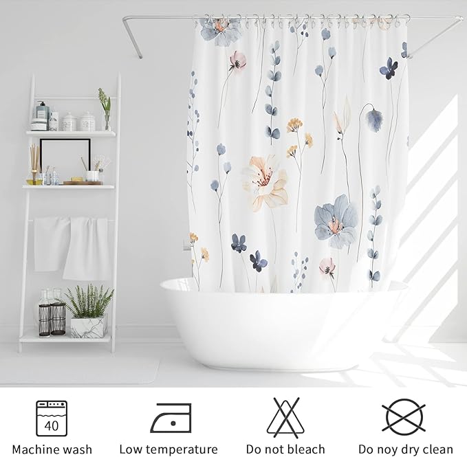 Gibelle Long Shower Curtain 72 x 78, Watercolor Floral Fabric Shower Curtain, Blue Beige Flower Decorative Bathroom Shower Curtain Set