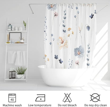 Gibelle Small Stall Shower Curtain 36 x 72, Narrow Half Watercolor Floral Fabric Shower Curtain, Blue Beige Flower Decorative Bathroom Shower Curtain Set