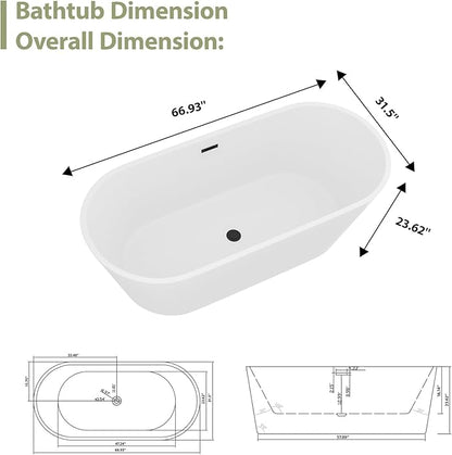 67" Acrylic Freestanding Bathtub - Mocloo Modern Elegant Soaking Stand Alone Bathroom Tub, Matte White, Overflow and Black Offset Drain