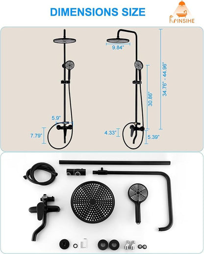 Outdoor Shower Kit, Exposed Shower System with Dial Thermometer Brass Valve, 10'' Rainfall Shower Head and Handheld Shower Faucet Combo for Bath Backyard - Black Wall Mounted