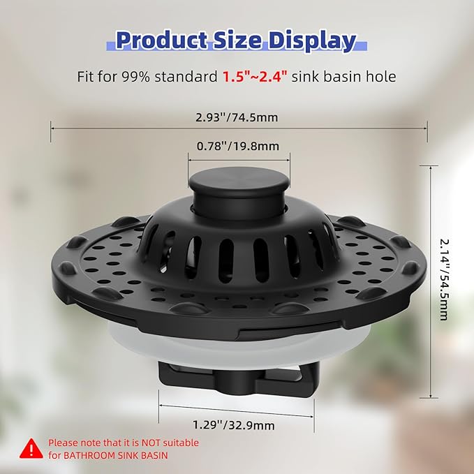 Universal Bathtub Drain Stopper Shower Drain Hair Catcher, Tub Stopper with Visible Top Strainer, Upgraded 3 in 1 Pop-up Drain Plug Fit for 1.5 to 2.4" Hole, Stainless Steel Filter Basket, Matte Black