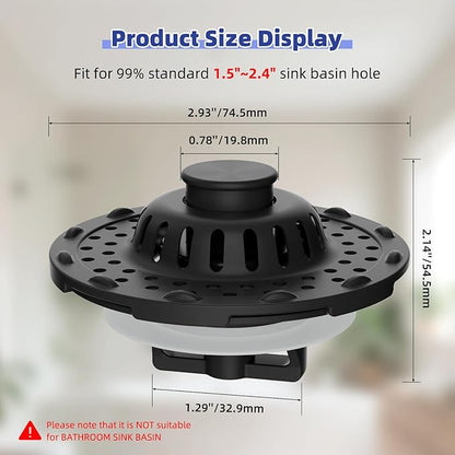 Universal Bathtub Drain Stopper Shower Drain Hair Catcher, Tub Stopper with Visible Top Strainer, Upgraded 3 in 1 Pop-up Drain Plug Fit for 1.5 to 2.4" Hole, Stainless Steel Filter Basket, Matte Black