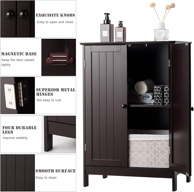 Tangkula Freestanding Storage Cabinet with Double Doors and Shelf, Modern Home Furniture, Wooden Home Organizer for Living Room, Bathroom Storage, Brown