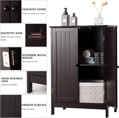 Tangkula Freestanding Storage Cabinet with Double Doors and Shelf, Modern Home Furniture, Wooden Home Organizer for Living Room, Bathroom Storage, Brown