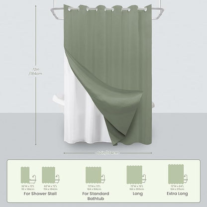 Inhousolu No Hook Waffle Weave Shower Curtain with Removable Snap in Fabric Liner Set for Bathroom, 230 GSM Heavy Duty Weighted Hem, Water Repellent Washable Bath Curtains, 60 x 72 Inch, Sage Green