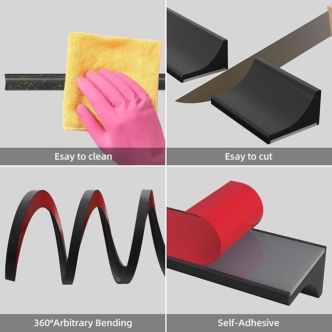 39Inch Collapsible Shower Threshold Water Dam Barrier, Self Adhesive Silicone Waterproof Shower Barrier Water Strip Dam for The Gap Between the Shower Kitchen Countertop Sink and Cooktop