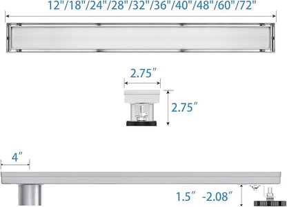 Offset Linear Shower Drain, Shower Drain 60 inch with 2-in-1 Tile Insert Cover, Brushed AISI 304 Stainless Steel Side Outlet Shower Floor Drain with Hair Catcher and Adjustable Feet