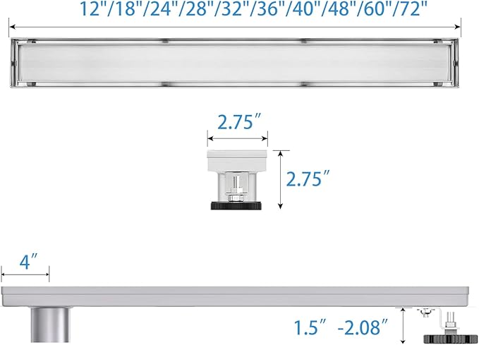 Offset Linear Shower Drain, Shower Drain 24 inch with 2-in-1 Tile Insert Cover, Brushed AISI 304 Stainless Steel Side Outlet Shower Floor Drain with Hair Catcher and Adjustable Feet