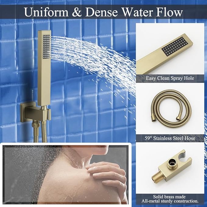 Shower Faucet Set Brushed Gold Shower System, Knob Switch Diverter Shower Faucet with High Pressure Handheld Spray, Wall Mount 12 Inch Shower Head with 6 Inch Wall Mount Shower Head