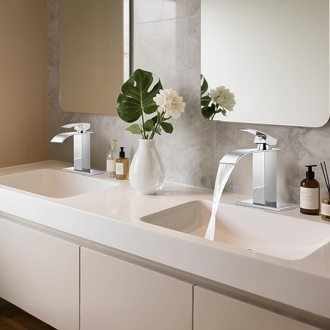 Bathroom Faucets Chrome Waterfall Bathroom Sink Faucet Modern Single Handle Bathroom Faucet for 1 or 3 Hole Mxier Tap Washbasin Faucet with Deck, Pop-up Drain and Supply Hoses
