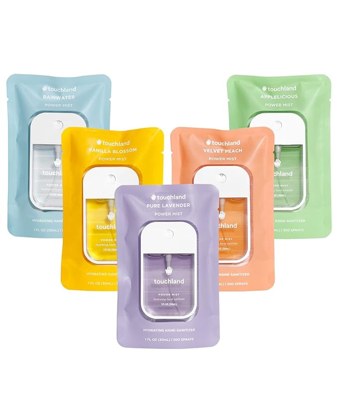 Touchland Hydrating Hand Sanitizer Spray, BLOSSOM 5 Set (Lavender, Vanilla, Rainwater, Peach, Applelicious), 1 FL. OZ. Travel Size Power Mist Sprays (Set of 5)