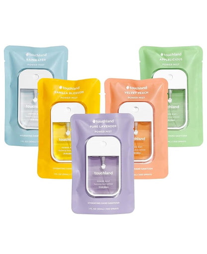Touchland Hydrating Hand Sanitizer Spray, BLOSSOM 5 Set (Lavender, Vanilla, Rainwater, Peach, Applelicious), 1 FL. OZ. Travel Size Power Mist Sprays (Set of 5)