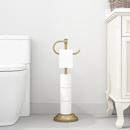 Hoimpro 25" Toilet Paper Roll Tissue Holder Free Standing with Shelf Storage Stand for 4 Rolls, Freestanding Hardware Accessories Rack Brushed Gold
