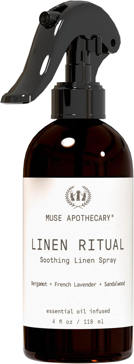 Muse Apothecary Linen Ritual - Aromatic, Soothing, and Relaxing Linen Mist, Laundry and Fabric Spray - Infused with Aromatherapy Essential Oils - 4 oz, Bergamot + French Lavender + Sandalwood,