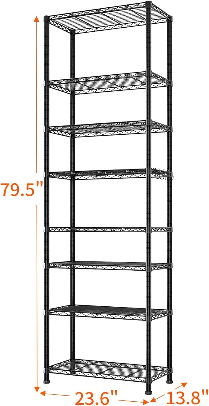 8 Tier Storage Racks Shelving, Heavy Steel Pantry Shelves, Adjustable Wire Shelving Rack, Suitable for Garage, Kitchen, Bathroom, Office, 24" W x 14" D x 80" H, Black