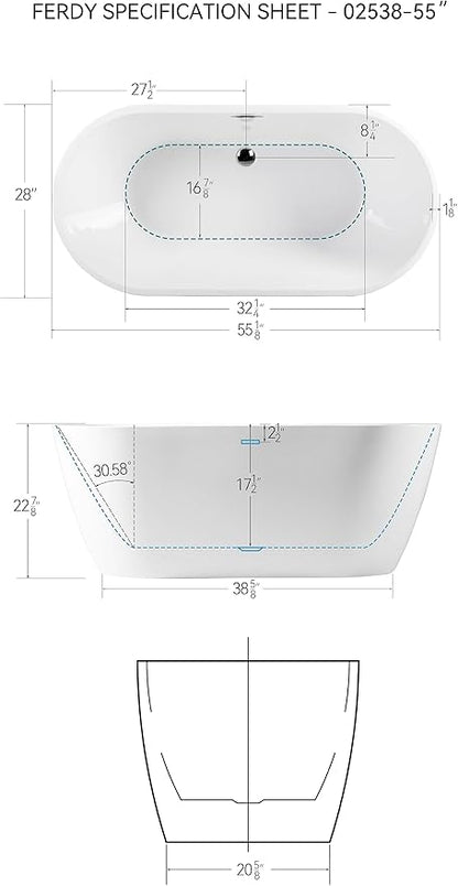 FerdY Nauru 55" Acrylic Freestanding Bathtub, Gracefully Shaped Freestanding Soaking Bathtub, Glossy White cUPC Certified, Toe-Tap Chrome Drain and Classic Slotted Overflow Included
