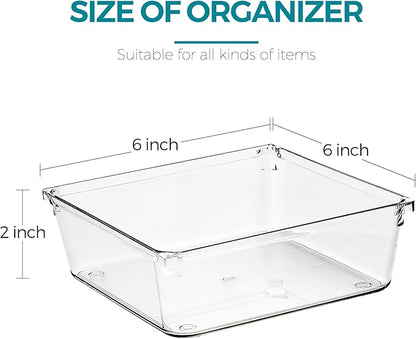 4 Pack Drawer Organizer - 6" X 6" Clear Acrylic Storage Bins with Non-Slip Pads, Versatile Desk Tray for Makeup, Jewelry, Kitchen, Bathroom, and Office Organization