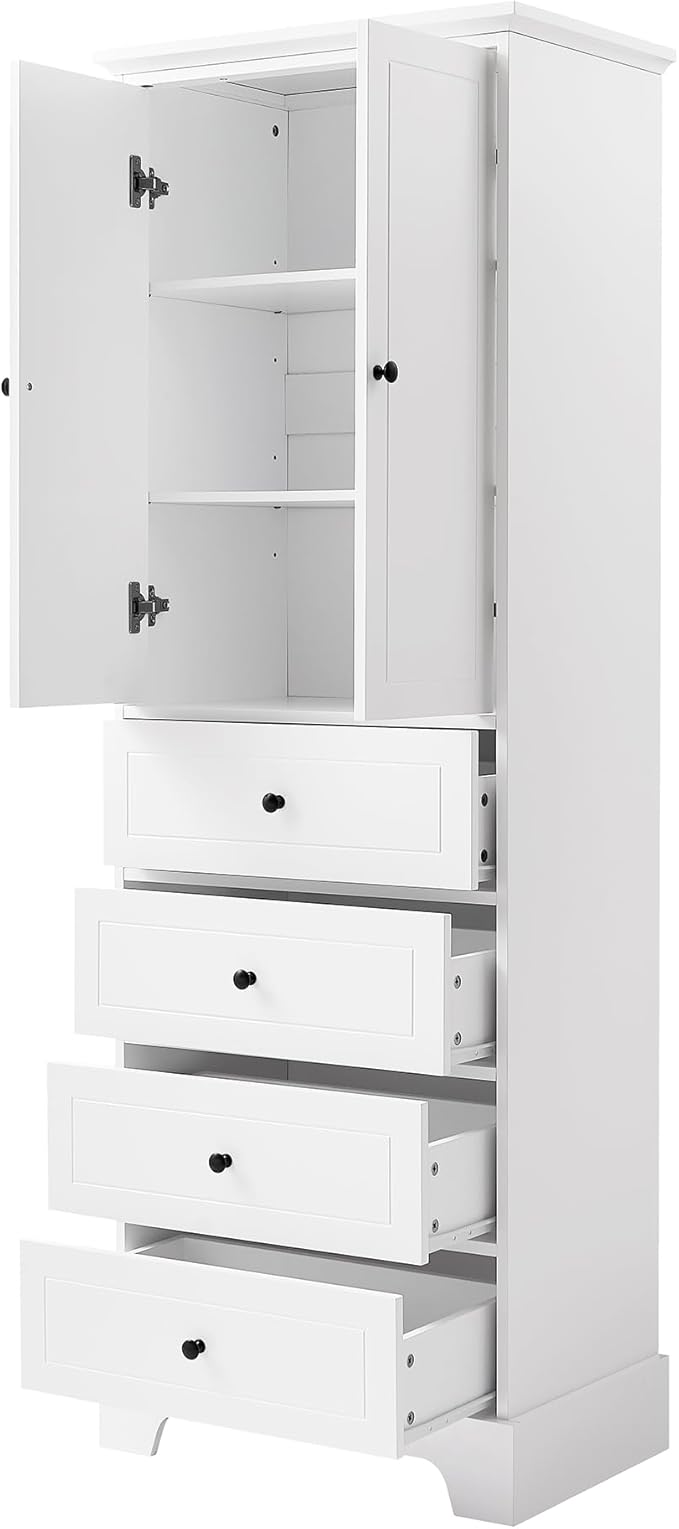 Favfurish 68" Tall Bathroom Storage Cabinet with Doors and 4 Drawers,Modern Linen Cabinets w/Adjustable Shelves & Anti-Tipping Device,Freestanding Organizer for Bath Room,Study,Office,Kitchen White