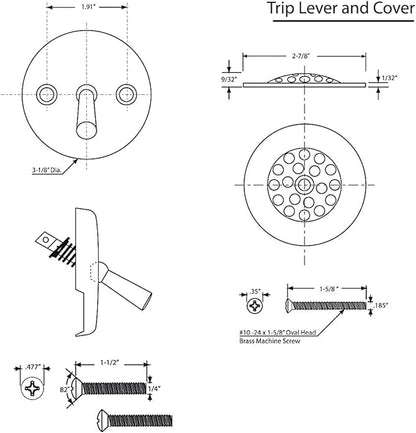 Trip Lever Bathtub Drain Kit with Strainer – 2-Hole Overflow Faceplate, Matching Screws – Tub Drain Trim Replacement Set for Bathroom Bathtubs