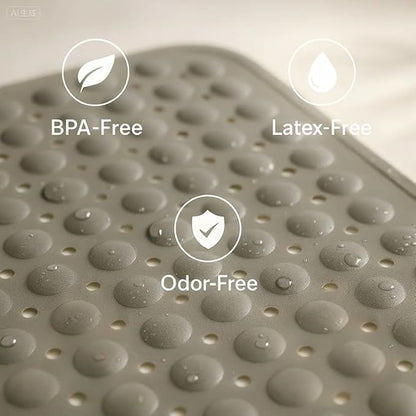 Bath and Shower Safety Mats 27.5x15 inch, Non Slip with Strong Suction Cups for Bathroom Stall and Tub Floor, Extra Large and Machine Washable, Drain Holes Keep Bathtub Clean, Soft on Feet, Light Grey