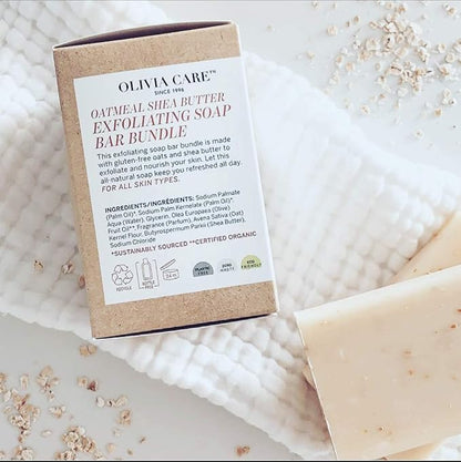 Olivia Care Exfoliating Bar Soap Pack by – 100% Natural & Organic - Infused with Shea Butter & Oats - Deep Clean, Refreshing, Moisturizing & Hydrating - Triple-Milled - X 5 OZ Oatmeal Shea Butter 3 Count (Pack of 3)