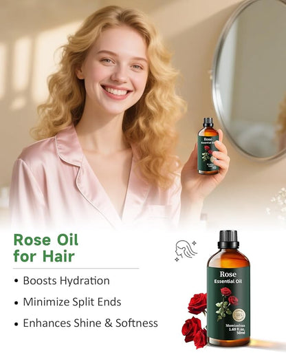 Pure Rose Essential Oil, Mumianhua Natural Rose Oil for Reed Diffuser, Air Freshener, Aromatherapy, Relaxation, Skin,Hair, Cologne, Candles Making, Evening Wellness, Romantic Atmosphere 1.69 Fl Oz