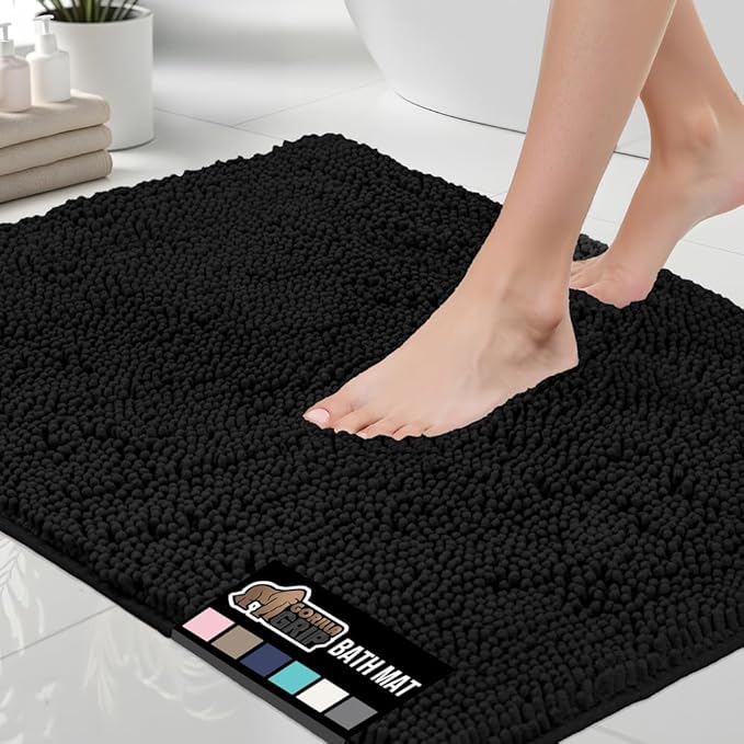GORILLA GRIP Bath Rug Mat 30x20, Thick Soft Absorbent Chenille, Quick Dry Microfiber Mats, Rubber Backing Washable Shower Floor Rugs, Bathmat Runner, US Designed Bathroom Home Decor Accessories Black