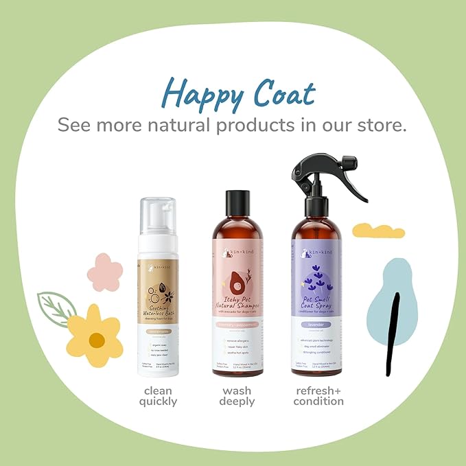 kin+kind Waterless Dry Shampoo for Dogs - Rinse-Free, Eliminate Itch and Odor, Natural Formula with Witch Hazel, Coconut Oil, Olive Oil, Almond and Vanilla - Made in USA