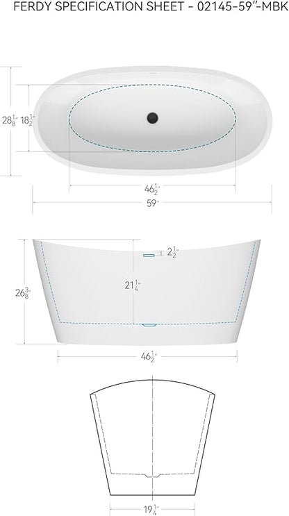 FerdY Naha Elite 59" Acrylic Freestanding Bathtub, Curve Edge Freestanding Soaking Bathtub, Glossy White, cUPC Certified, Matte Black Drain & Minimalist Linear Design Overflow Included