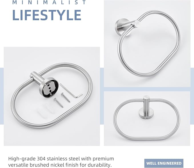 Angle Simple Towel Ring Swivel, SUS 304 Stainless Steel Bathroom Hand Towel Holder, Brushed Nickel