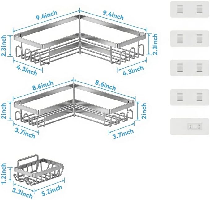 3 Pack Adhesive Corner Shower Caddy Shelf Organizer Rack, No Drilling Stainless Steel Shower Storage Rack with Hooks for Bathroom Storage & Home Decor