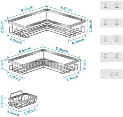3 Pack Adhesive Corner Shower Caddy Shelf Organizer Rack, No Drilling Stainless Steel Shower Storage Rack with Hooks for Bathroom Storage & Home Decor