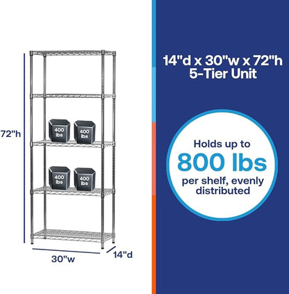 Shelving Inc. 14"d x 30" w x 72" h Chrome Wire Shelving with 5 Tier Shelves, Weight Capacity 800lbs Per Shelf
