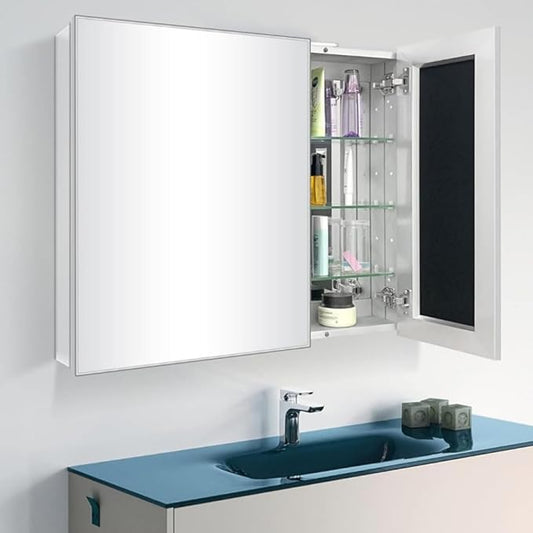 Aluminum Bathroom Medicine Cabinet with Mirror Door, 30"×26" Wall-mountable and Recessed-in Mirror Cabine, Bathroom Mirror Cabinet, 2 Doors Medicine Cabinet Organizer