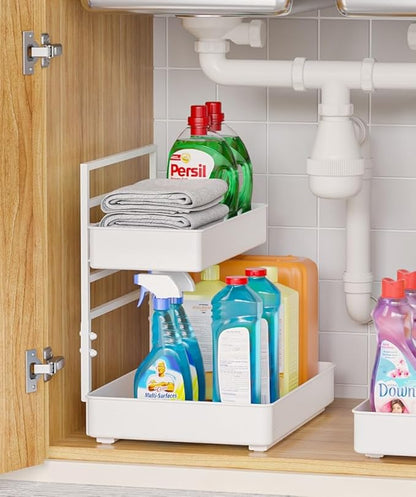 EVERIE Metal Pull Out Slide Shelf Organizer for Framed or Frameless Under Sink CabinetsOrganization in Kitchen, Bathroom, Counter, Cabinets (White, 1 Set)