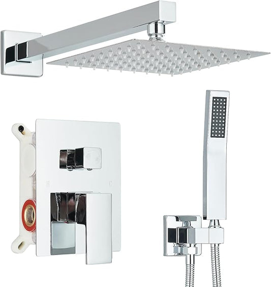 Shower Faucet Polished Chrome Shower System with 8 Inches Rain Shower Head and Handheld Spray Bathroom Luxury Rain Shower Faucet Set Complete Wall Mounted