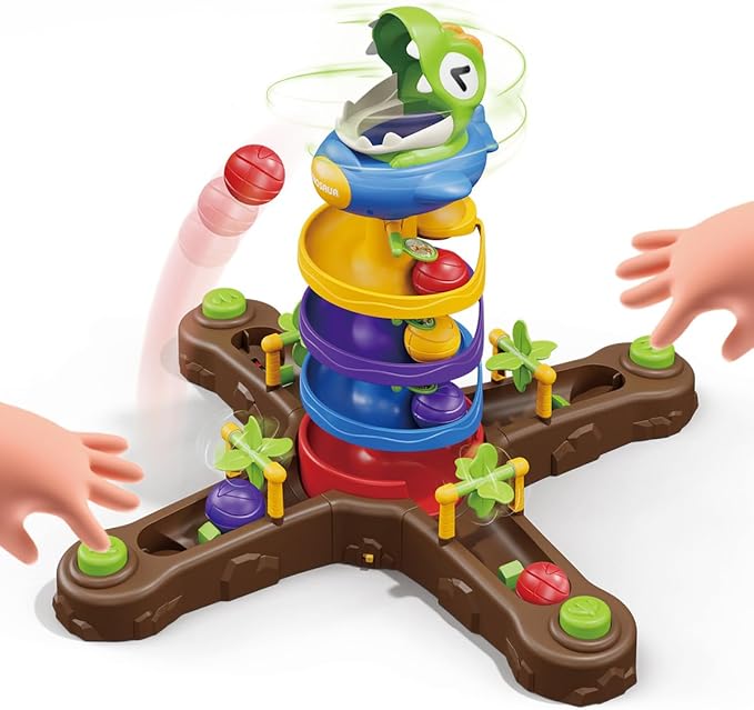 Dinosaur Ball Drop Toys for 3 4 5 6 7 8 Years Old Kids, Dino Spin Twister Toddlers Toy, Shoot Balls Toddler Montessori Toys Gifts for 1-6 Year Old Boys Girls, 4 Players PK Mode