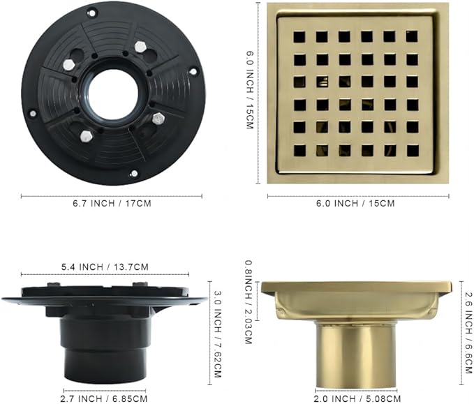 6 Inch Square Shower Floor Drain, Stainless Steel Flange with Removable Grid Cover Hair Strainer, Golden Brushed Nickel