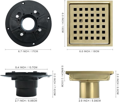 6 Inch Square Shower Floor Drain, Stainless Steel Flange with Removable Grid Cover Hair Strainer, Golden Brushed Nickel
