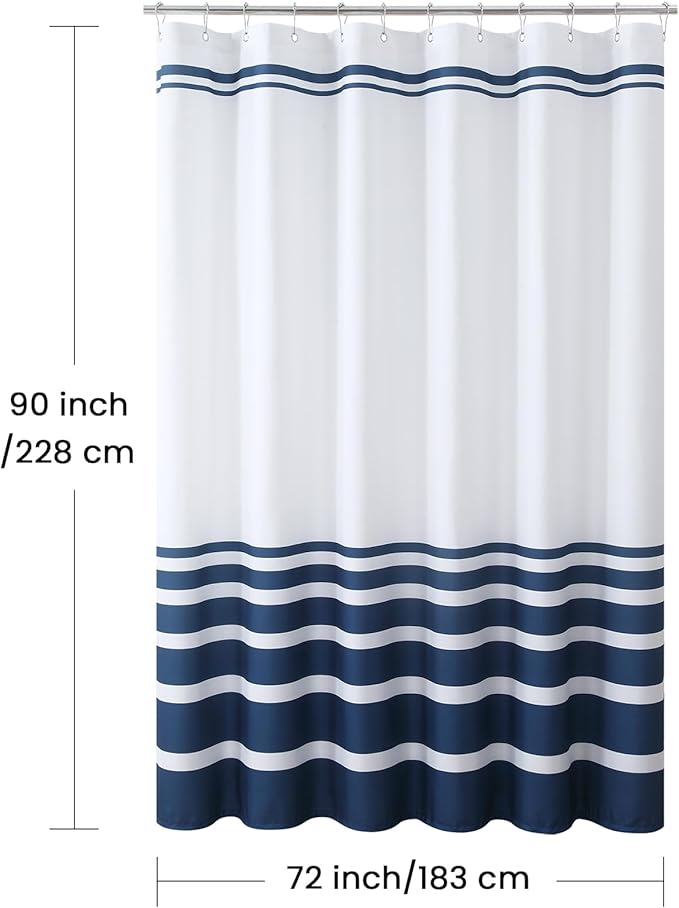 72x90 Inch Extra Long Shower Curtain, Blue and White Ombre Striped Waterproof Fabric, Modern Hotel Spa Design with 12 Rustproof Grommets & Weighted Hem