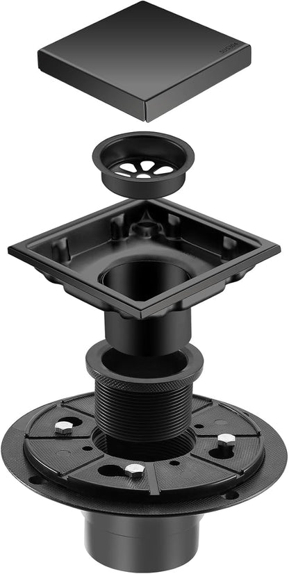 Hidden Brushed Square Shower Floor Drain, Black 4 inch, 304 Stainless Steel, with Flange, Detachable Cover Embedded in Ceramic Tiles